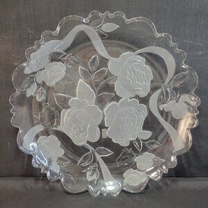 Laura Glass Rose Garden 14” Platter– Frosted & Clear Glass – Made in Japan